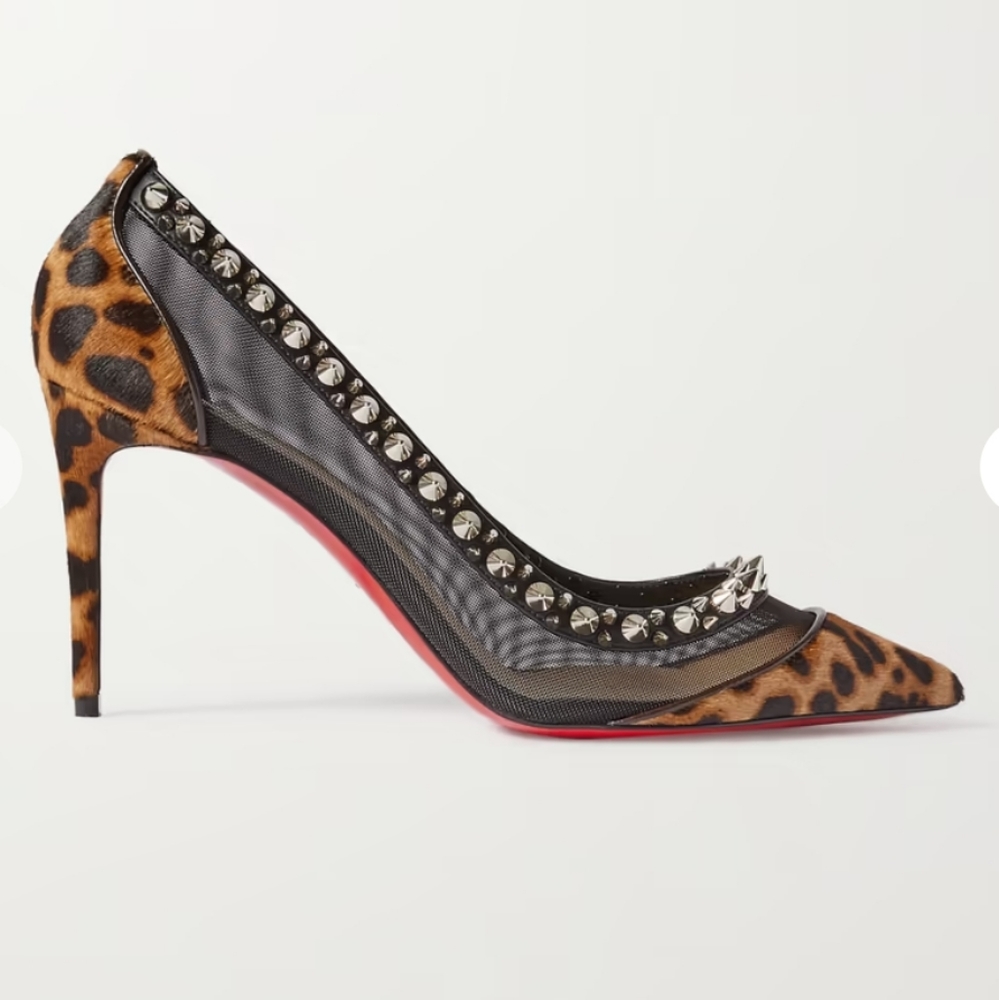 NIB Christian Louboutin Galavati Spikes Leopard Calf Hair and Mesh Pumps